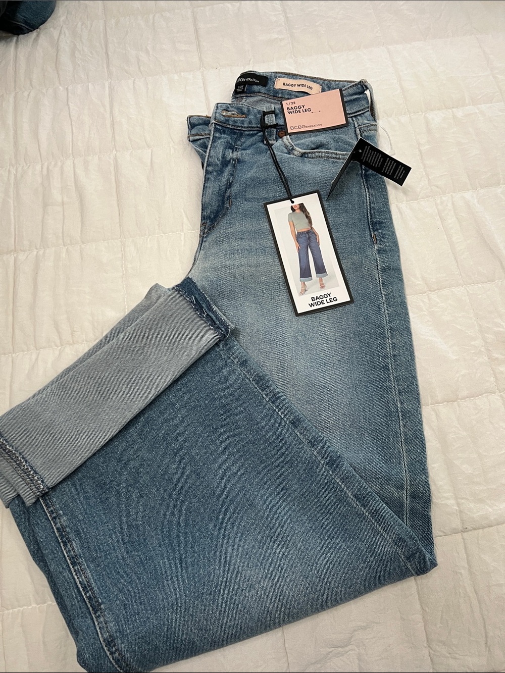 BCBGMaxAzria Light Blue Baggy Wide Leg Jeans with Folded Hem